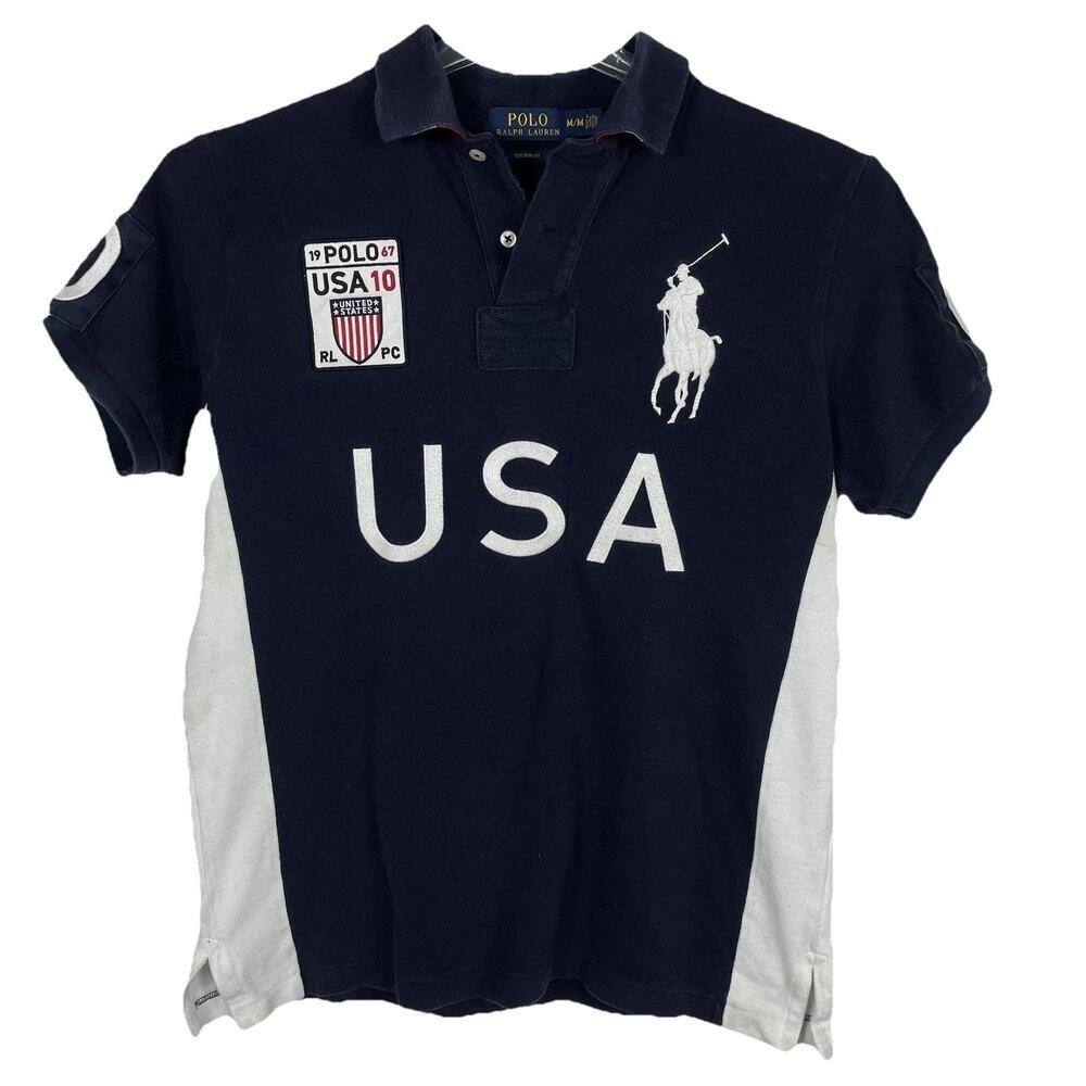 VTG Polo Ralph Lauren Big Pony Polo Shirt Men's M Navy Custom Fit USA Crest #10